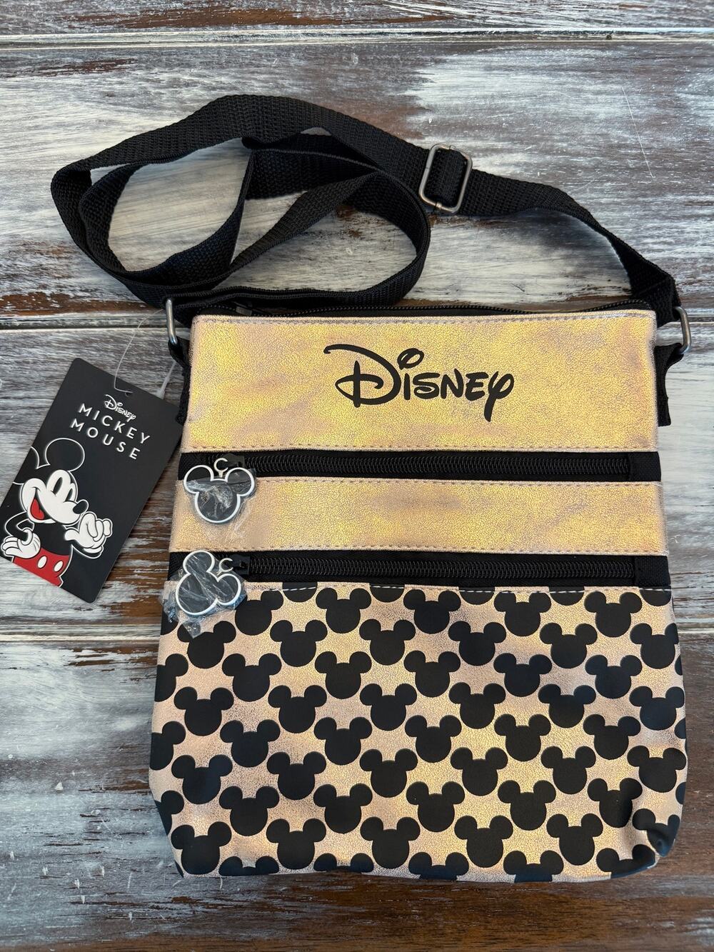 Disney Crossbody Three-Pocket Bag Rose Gold Mickey Head NWT
